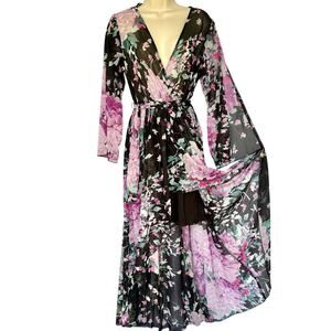 Alexa B Whimsygoth Flowy Floral Maxi Dress Purple Shimmer Bell Slit Sleeve WM 6